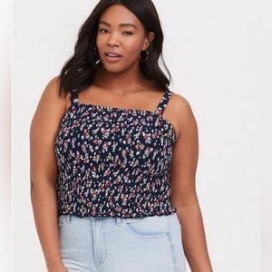 NEW TORRID Challis Smocked Cropped Cami / Navy Blue Floral
